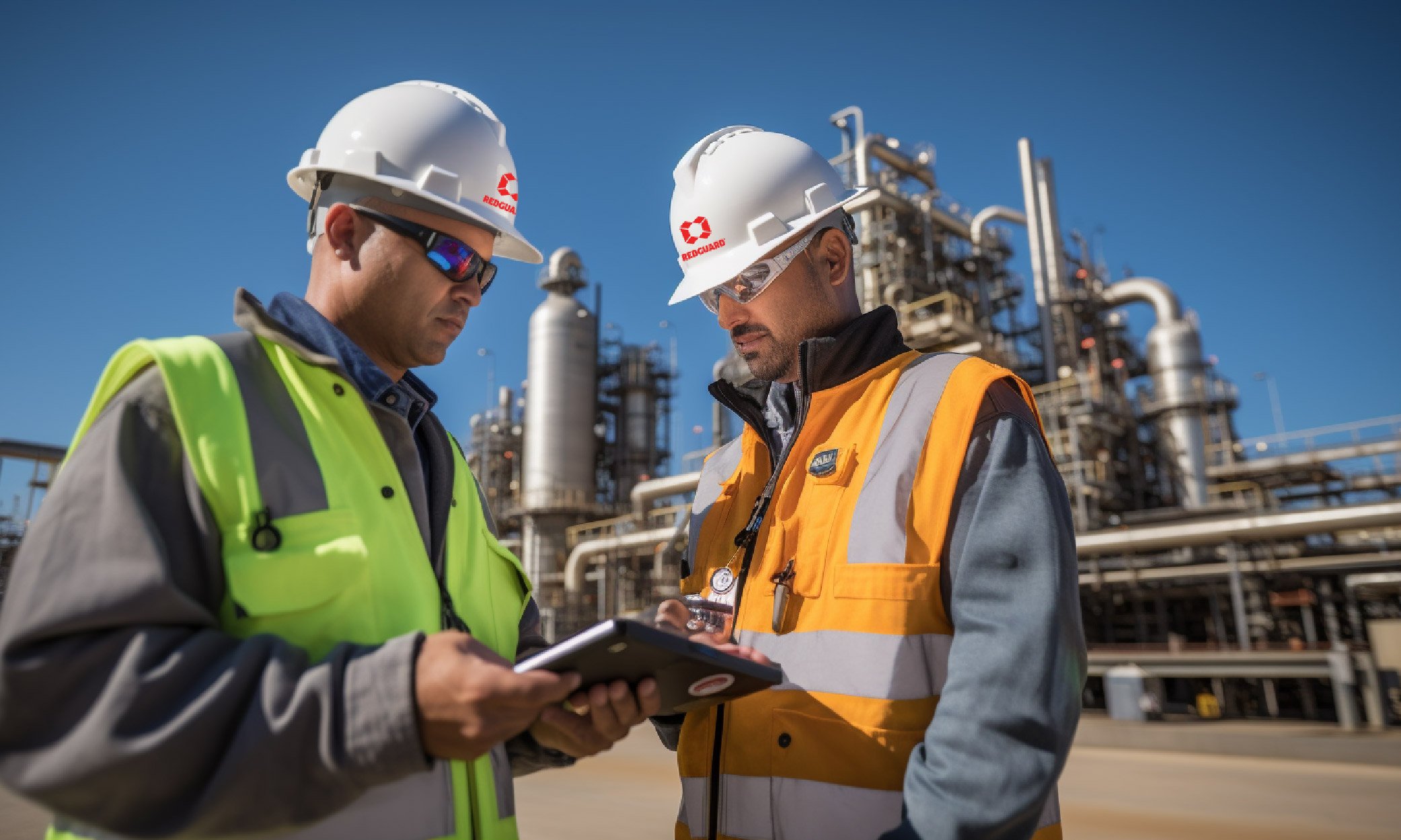 Engineers reviewing plans to relocate a modular blast-resistant building at an industrial processing facility.