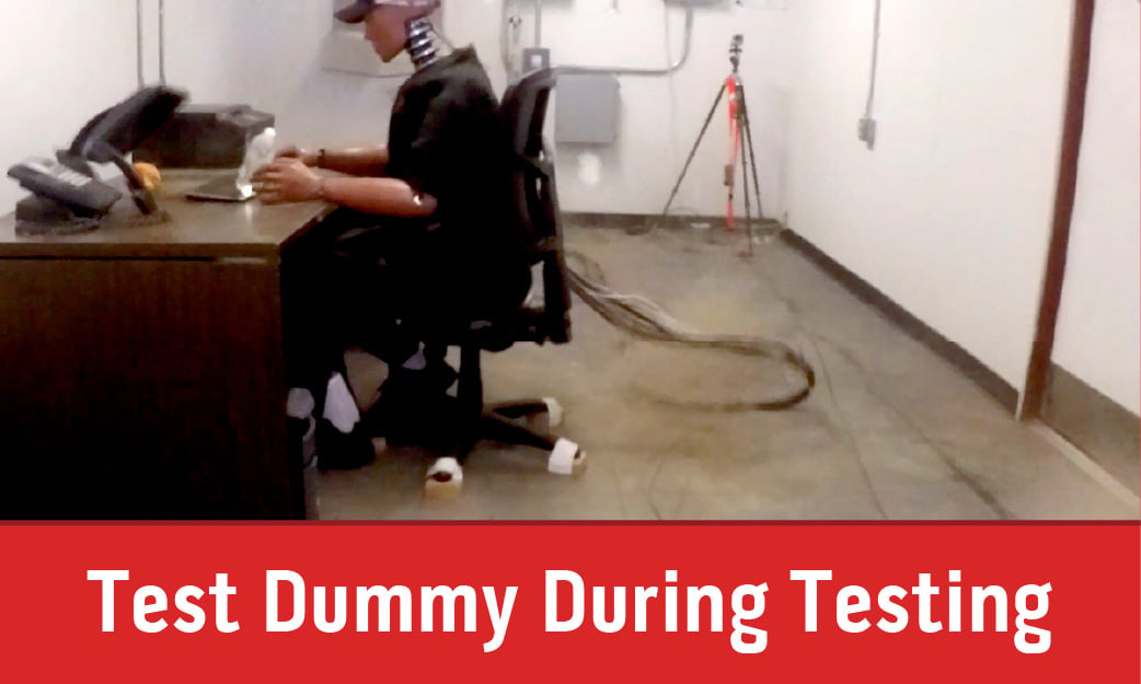 Instrumented test dummy inside a blast-resistant building during blast testing.