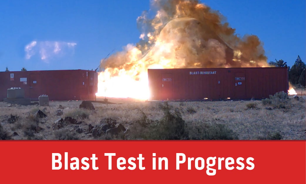 Live blast test of a blast-resistant building during third-party performance testing.