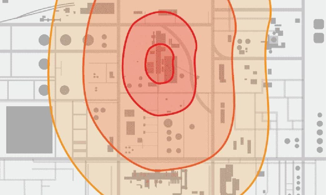 Facility siting study map showing blast overpressure zones around a process unit during turnaround planning