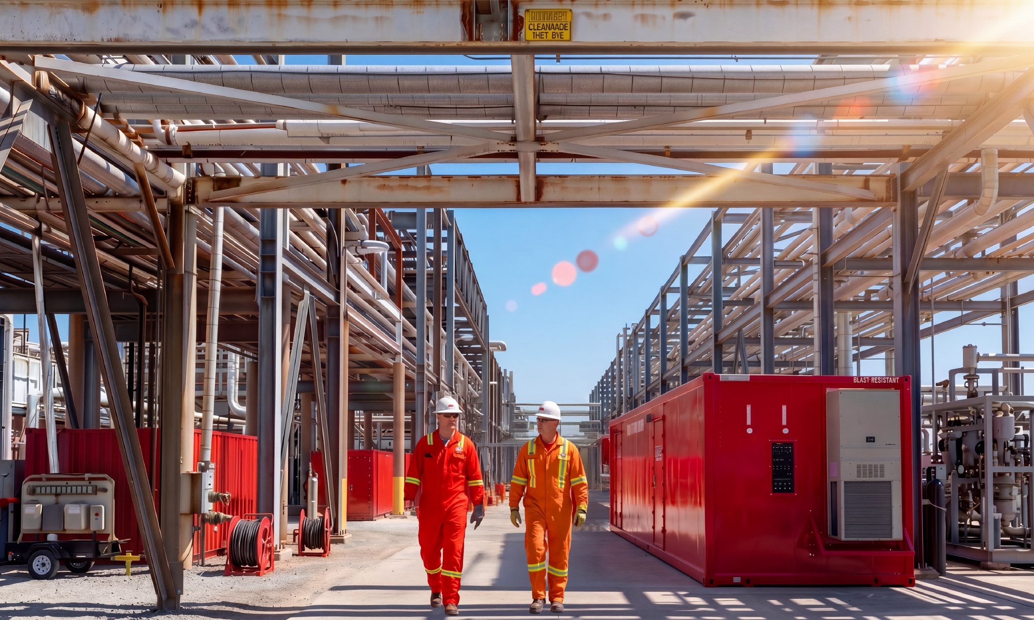 Facility personnel walking in at an industrial refinery near protective modular blast-resistant buildings