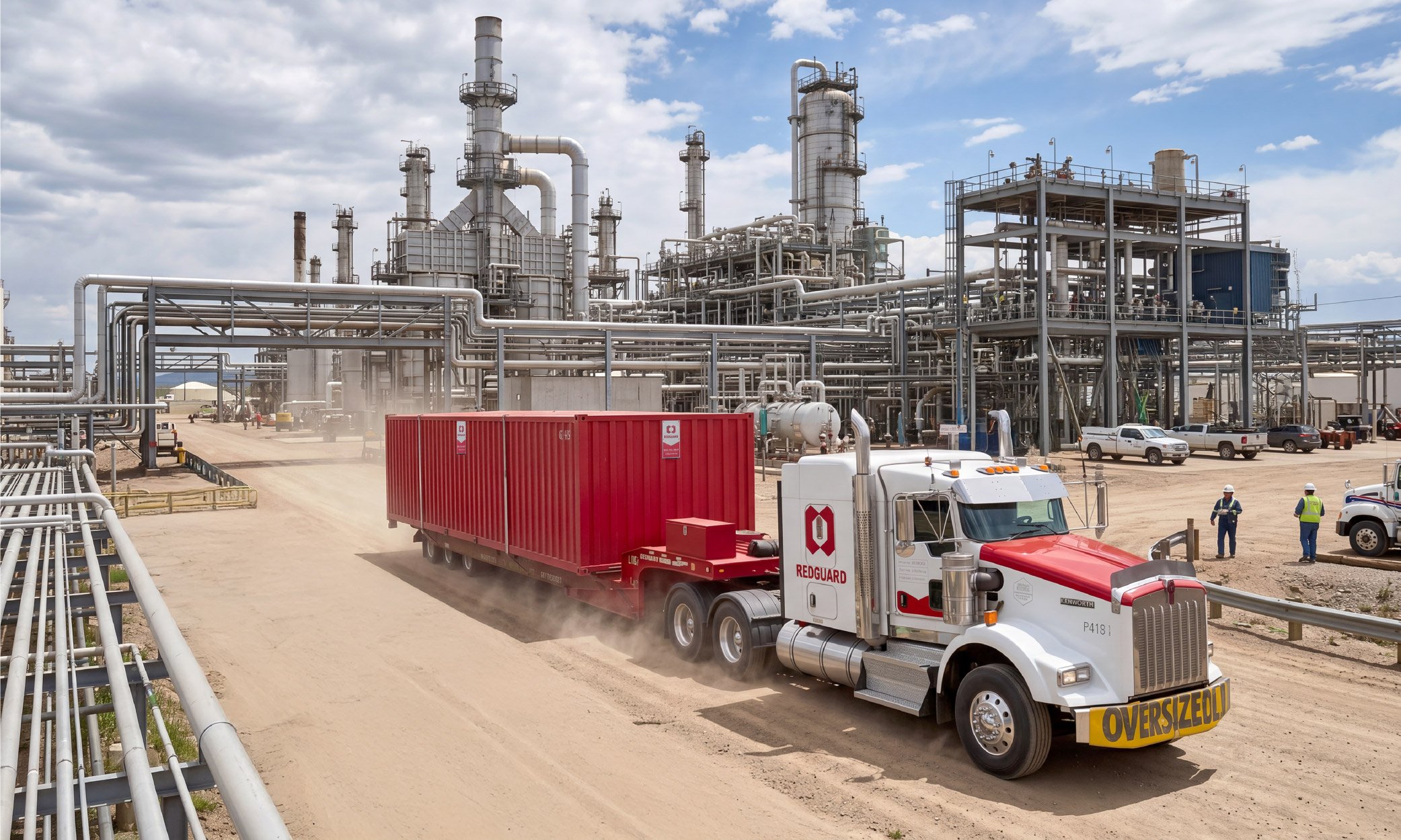 RedGuard transporting a modular blast-resistant building through an industrial facility for relocation or installation.
